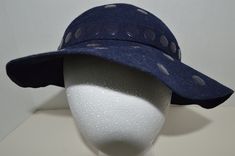 "Vintage 1950's Navy Blue Felt Boho Hat with Sequins \"Custom Made (by)Cecile Lorraine\" in Excellent Condition Unlined felt navy blue hat is decorated in sequins Headband circumference is 21.5 inches brim at back is .5 inches wide brim in front is  2.5 inches wide" Blue Retro Flat Brim Hat, Adjustable Blue Cloche Hat With Flat Brim, Vintage Blue Adjustable Hat Bands, Retro Wide Brim Blue Hat, Adjustable Brimmed Blue Cloche Hat, Adjustable Blue Cloche Cap, Vintage Navy Hat With Flat Brim, Vintage Blue Short Brim Hat, Vintage Navy Hat With Curved Brim