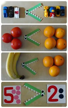 four pictures showing the steps to make an alligator's head out of fruit and numbers