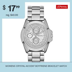 This boyfriend-style watch is crafted with you in mind, starting from its multifunction look and crystal-accent dial to its three-link bracelet.Accents: 60 crystals on dialStrap: SyntheticClasp: FoldoverBracelet Dimensions: 185mm long; 20mm wideModel No.: Silver-tone is FMDJM121; two-tone is FMDJM122; gold-tone is FMDJM123; rose-tone is FMDJM124Jewelry photos are enlarged to show detail. Features: Analog, Quick ShipPower Source: Battery (included)Watch Movement: QuartzBand Color: MulticolorDial… Boyfriend Bracelet, Bracelets For Boyfriend, Rose Tone, Style Watch, Boyfriend Style, Watch Movement, Bracelet Watch, Two Tone, Silver Tone