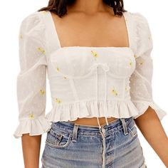 For Love & Lemons Abby Blouse, Very Cute White Corset/Bustier Detailed Top With Daisy Embroidered All Over, Brand New With Tags Attached! Has A Smocked Zip Up Back And An Elastic Strap Inside To Help Put The Top On - See Pics Lemon Top, White Corset, Corset Bustier, For Love & Lemons, Love And Lemons, Lemon Yellow, For Love And Lemons, Dream Wardrobe, For Love