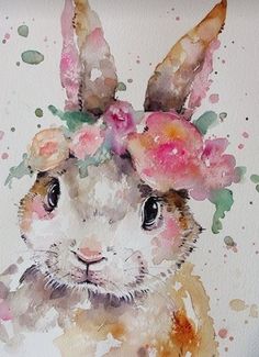 a watercolor painting of a rabbit with flowers on its head