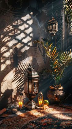 a table topped with lots of lit candles and potted plants next to a mirror