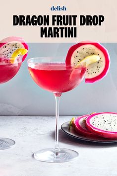 the dragon fruit drop martini is garnished with kiwi