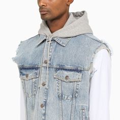 Gucci vest in blue denim with a button closure on the front, a Hollywood Babylon patch on the back, raw-cut edges, front pockets and an adjustable drawstring hood. Material: Denim. Size Type: ITSKU: 697042XDB0U This is a final sale clearance product. Our Products Are 100% Genuine. In All Cases We Stand By The Authenticity Of Every Product Sold On Our Site. Blue Gucci Cotton Outerwear, Gucci Cotton Outerwear For Spring, Gucci Spring Streetwear Outerwear, Gucci Outerwear With Pockets For Streetwear, Blue Cotton Gucci Outerwear, Gucci Cotton Outerwear For Fall, Gucci Cotton Outerwear With Pockets, Gucci Cotton Spring Outerwear, Gucci Blue Outerwear For Spring