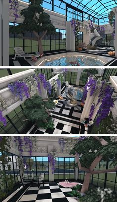 three different views of the inside of a house with plants and trees in it,