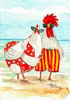 two roosters are standing on the beach in red and yellow outfits, one is wearing sunglasses