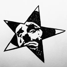 a black and white drawing of a man's face with a star in the background