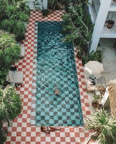 an aerial view of a swimming pool surrounded by greenery and potted palm trees