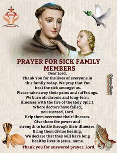 a prayer for sick family members with an image of a woman and a dove on it