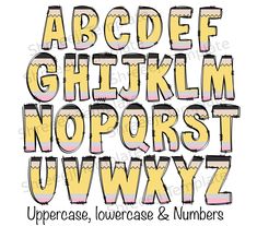 an upper and lower case alphabet with the letters in pink, yellow and black on white