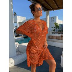 Orange Hollow Out V Neck Pullover Cover Up Beach Dress Orange V-neck Summer Beach Dress, V-neck Beachwear Cover-up For Day Out, Orange V-neck Cover-up For Spring, Casual V-neck Cover-up For Day Out, Summer Orange V-neck Beach Dress, Spring V-neck Beach Dress For Warm Weather, Casual V-neck Beach Dress For Vacation, Casual Orange Beach Dress For Summer, Casual Orange Beach Dress For Vacation