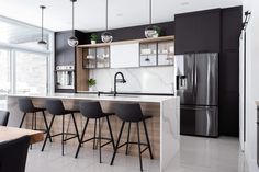 a modern kitchen with black and white decor