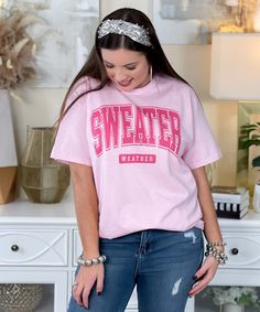 Embrace the cozy season with our Sweater Weather Graphic Shirt! Featuring vibrant hot pink lettering that spells out "Sweater Weather," this shirt is a fun and stylish way to celebrate the chilly months. Available in a range of colors and sizes, including short sleeve, long sleeve, and sweatshirt options, it's perfect for layering up or wearing on its own. Whether you're snuggled up by the fire or enjoying a crisp autumn day, this shirt adds a pop of color and cozy charm to your fall wardrobe. School Ties, Fall Football, Crisp Autumn, Monogram Shirts, Black Friday Christmas, Cozy Season, Rain Gear, Sweater Sale, Graphic Shirt