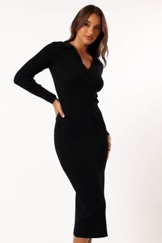 Collins Long Sleeve Midi Dress - Black Black Long Sleeve Midi Dress, Satin Dresses Long, Satin Dresses Long Sleeve, Black Tie Wedding Guests, White Dress Shoes, Essential Dress, Resort Dresses, Sweater Dresses, Strapless Tops