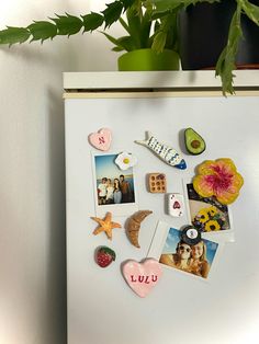 a white refrigerator with magnets and pictures on the fridge's side next to a potted plant