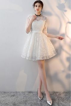 White Embroidered Aline Short Homecoming Party Dress with Sleeves - $69 #MXL86065 - SheProm.com Net Dress Design, White Prom Dress Short, Party Dress With Sleeves, Party Dresses Short, Prom Dress Short Lace, Party Dresses With Sleeves, Short Frocks, Homecoming Party, Net Dress