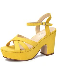 Yellow Elegant,Fashionable Collar   Plain Wedge Sandals Embellished   Women Shoes Yellow Heels For Summer Wedding, Yellow Summer Heels For Wedding, Yellow Summer Wedding Heels, Fitted Platform Sandals For Wedding, Yellow Round Toe Heels For Wedding, Platform Heels Sandals, High Heel Platform, Chunky High Heels, Wedding Sandals