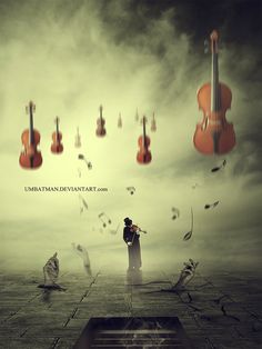 a man standing on top of a pier next to birds flying over him and violin strings floating in the air