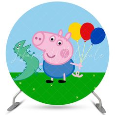 peppa pig and dragon with balloons on the grass in front of a blue sky