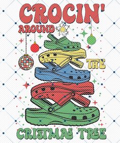 the crocn around the christmas tree poster is shown in red, green, blue and yellow