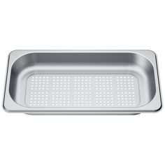 a stainless steel sink with holes in the bottom and side panels on it, against a white background