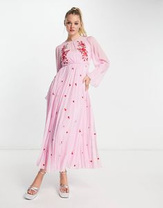 ASOS DESIGN tie back pleated sleeve midi dress in pink with red embroidery | ASOS Royalty Outfits, Short Maxi Dress, Life Matters, Pink Cocktail, Maxi Bridesmaid Dresses, Looks Party, Red Embroidery, Embroidered Maxi Dress, Cocktail Attire