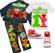 a sesame street outfit and shoes with the number one on it, including an elmo shirt