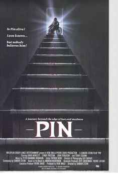 a movie poster for pin with a man riding a motorcycle down the stairs in front of him