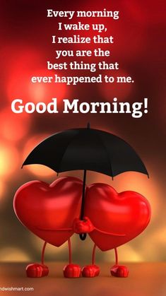 two hearts hugging under an umbrella with the words good morning on it in red and black