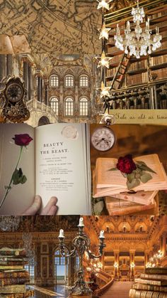 a collage of photos with books, chandelier and roses