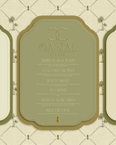 an elegant menu with palm trees on the back and gold trimmings in green