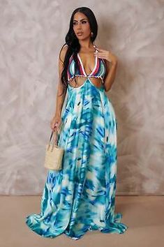 Blue Lined Maxi Dress, Turquoise Halter Neck Beach Dress, Blue Fitted Dress For Vacation, Blue Halter Neck Lined Dresses, Blue Lined Halter Neck Dress, Chic Turquoise Maxi Dress For Beach, Chic Blue Maxi Dress For The Beach, Chic Blue Maxi Dress For Beach, Blue Lined Dresses For The Beach