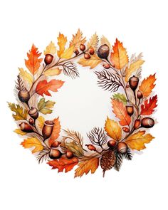 an autumn wreath made out of leaves and acorns