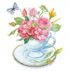 watercolor painting of pink flowers in a teacup on a saucer with butterflies