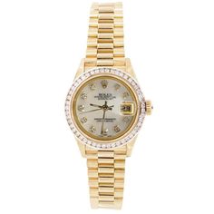 #HC19651 Rolex Oyster Perpetual Datejust President model. Gender: Women Movement: Fully Automatic movement winds itself when worn. Case: Yellow gold oyster case Bracelet: Yellow gold president style bracelet Dial: White dial with diamond hour markers approx. 0.20 carat F VS1 diamonds(Custom added) Bezel: Approx. 1 carat F VS1 diamonds channel set bezel(Custom added) Case Size: 26mm Gold Rolex Women, Golden Watch Women, Rolex Oyster Perpetual Datejust, Golden Watch, Rolex Diamond, Rolex Watches Women, Rolex Women, Vs1 Diamond, Oyster Perpetual Datejust