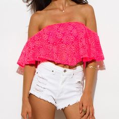 Neon Pink Lace Ruffle Strapless Off Shoulder Boho Party Crop Top Inside Linen As Bandeau,Stretchy 96% Nylon 4% Spandex Made In Usa Model Is 5'9 Chest 32 C Waist 25 Hips 35 Wearing A Size Small Pink Off-shoulder Top For Party, Trendy Summer Party Off-shoulder Top, Trendy Stretch Off-shoulder Top For Party, Strapless Summer Party Tops, Stretch Strapless Crop Top For Summer, Chic Sleeveless Off-shoulder Top For Party, Summer Bandeau Top For Party, Flirty Tube Top For Summer Vacation, Bandeau Tube Top For Night Out In Summer