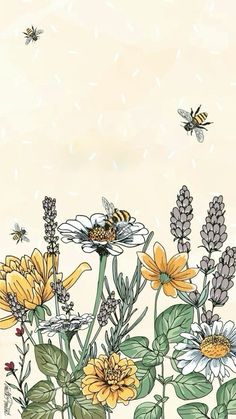 flowers and bees on a beige background with some white dots in the sky above them