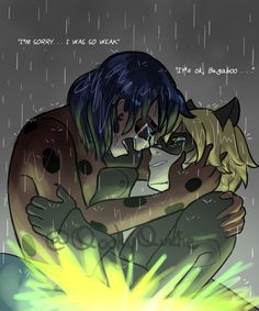 two anime characters hugging in the rain