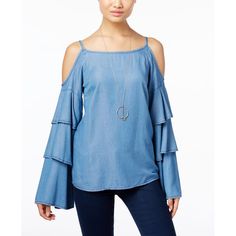 Inc International Concepts Denim Ruffled Cold Shoulder Top Ruffle Denim Top, Embellished Sweatshirts, Concept Clothing, Womens Tie, Tennis Dress, Matching Family Outfits, Cold Shoulder Top, Family Outfits, Sleeves (women)