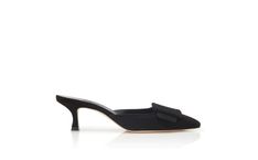 MAYSALE | Black Suede Kitten Heel Mules | Manolo Blahnik Chic Kitten Heels With Heel Strap For Cocktail, Classic Flat Heel Mules For Evening, Chic Flat Heeled Evening Mules, Formal Mules With Contrasting Low Heel, Chic Flat Heel Mules For Evening, Chic Suede Kitten Heels For Office, Chic Flat Mules With Padded Heel, Chic Flat Heeled Mules With Padded Heel, Chic Flat Heel Mules With Padded Heel