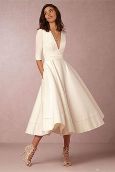 Long Sleeve V neck Swing Vintage Wedding Dress,White Casual Dress with Sleeves,White Prom/Evening Gown on Storenvy Casual Dresses With Sleeves, Sukienki Maksi, Bhldn Wedding Dress, Midi Party Dress, Casual White Dress, Affordable Wedding Dresses, Tea Length Wedding Dress, Affordable Dresses, Beauty Dress