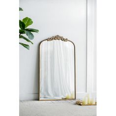 a mirror sitting on top of a white floor next to a potted green plant