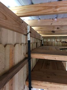 the inside of a storage room with wooden shelves