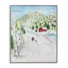 a watercolor painting of people skiing down a hill with a barn in the background