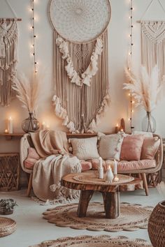 a living room filled with lots of pillows and blankets on top of a rug next to a coffee table