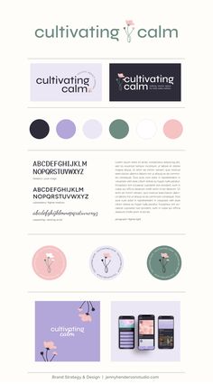 Cultivating Calm wellness app brand identity design Calming App Design, App Colour Palette, Clean Branding Design Visual Identity, Lilac Branding Design, Brand Identity Moodboard Design Inspiration, Brand Colour Palette Visual Identity, Wellness Colour Palette, Calming Branding, Therapist Logo Design