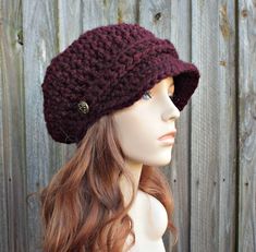 Claret Red Wine Hat Burgundy Newsboy Hat Red Crochet Hat Red Womens Hat Red Slouchy Hat Fall Fashion Winter Accessories Wine Hat, Chunky Crochet Hat, Crochet Newsboy Hat, Crochet Hat With Brim, Bonnet Au Crochet, Crochet Hat For Women, Red Crochet, Pixie Hat, Bonnet Crochet