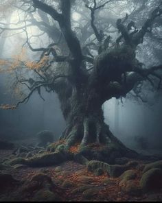 an old tree in the middle of a forest