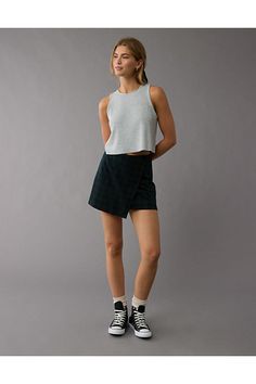 Super soft It Knit fabric/Elastic waist/Asymmetrical details/Shorts underneath Casual Spring Crop Top With Asymmetrical Hem, Casual Asymmetrical Stretch Bottoms, Casual Asymmetrical Hem Crop Top For Spring, Casual Skort With Asymmetrical Hem For Spring, Casual Asymmetrical Hem Bottoms For Day Out, Casual Fall Skort Short, Casual Asymmetrical Shorts For Summer, Casual Asymmetrical Summer Shorts, Casual Shorts With Asymmetrical Hem For Spring