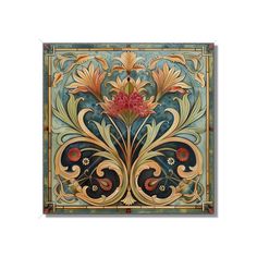 an art nouveau style tile with flowers and leaves on the border, in blue and gold